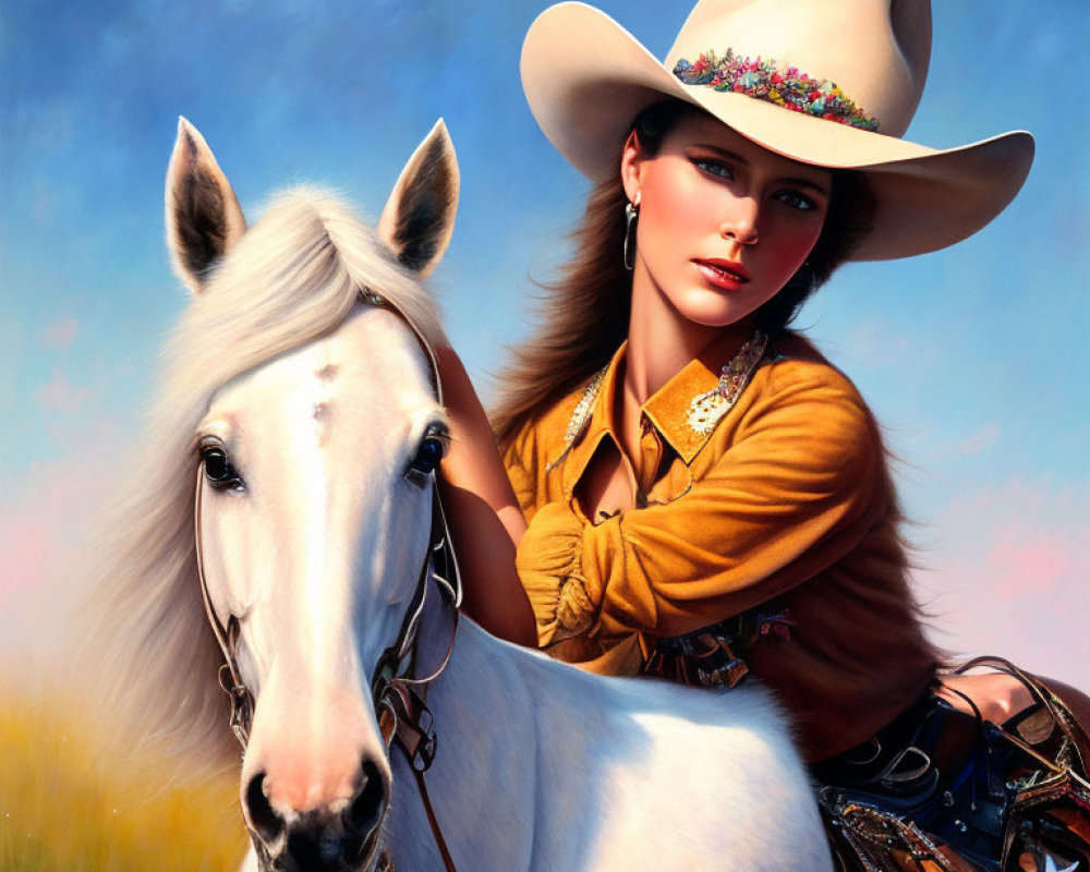 Cowboy hat woman rides white horse under blue sky