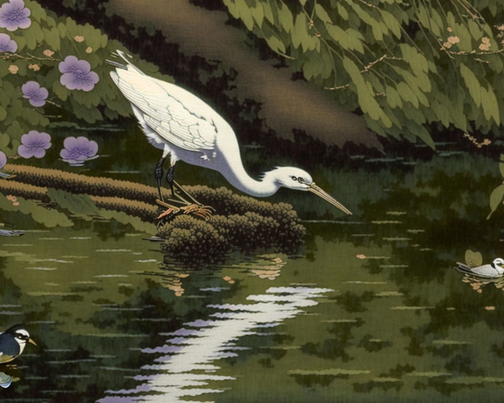 Tranquil scene with egret, ducks, and blossoming flowers reminiscent of traditional Japanese painting