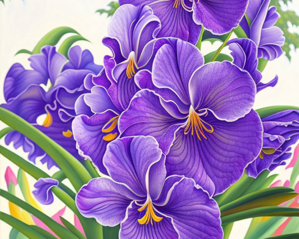 Purple Orchids Painting with Yellow Centers and Green Foliage