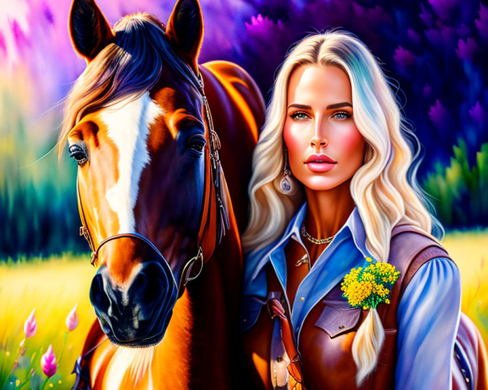 Blonde woman and brown horse in purple flower field at sunset