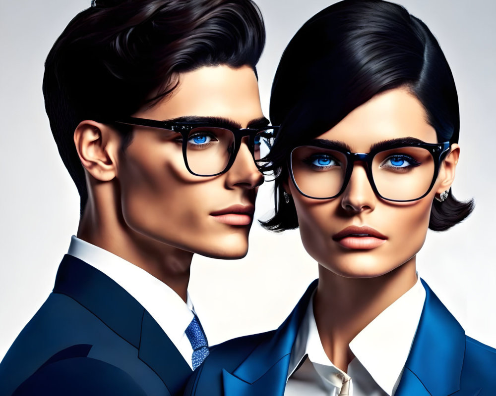 Detailed Stylized Illustration of Man and Woman in Business Attire with Sharp Features and Glasses on