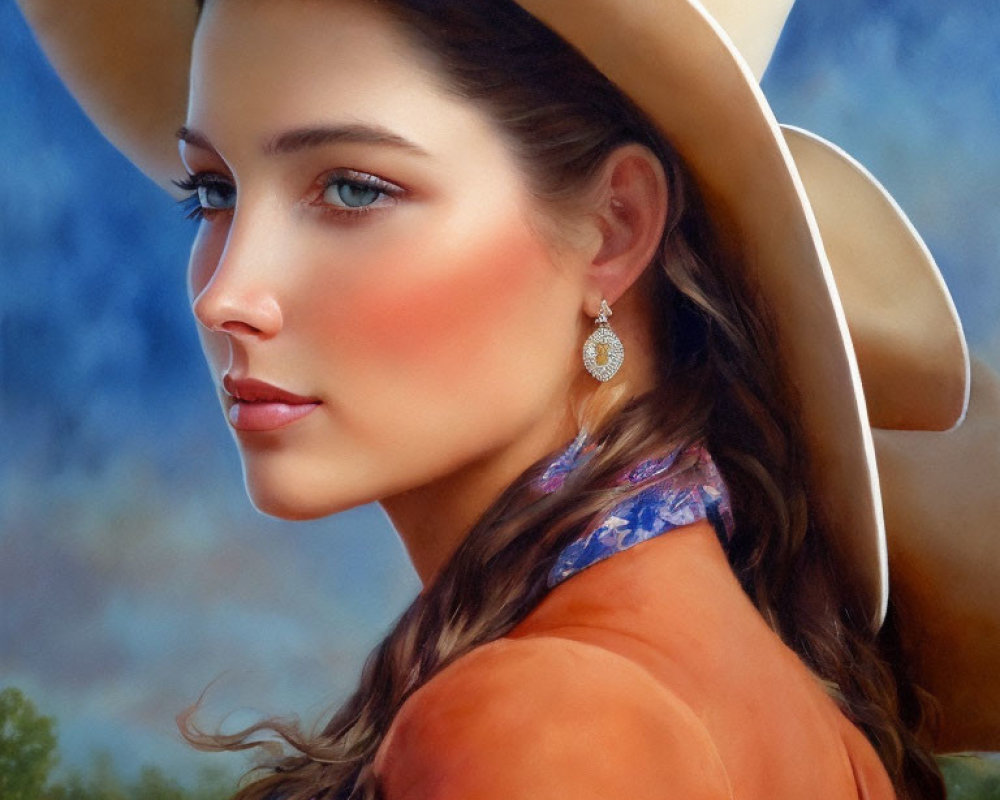 Portrait of woman with wide-brimmed hat, blue eyes, and earring in soft gaze on