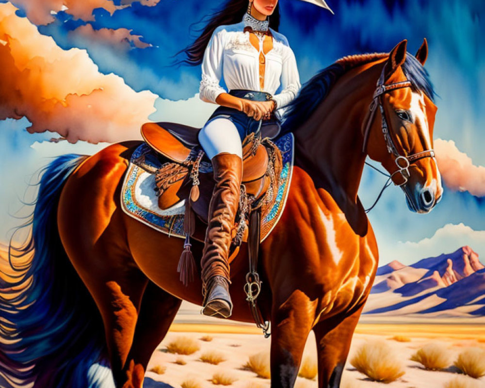 Cowboy hat-wearing woman on horse in desert landscape.