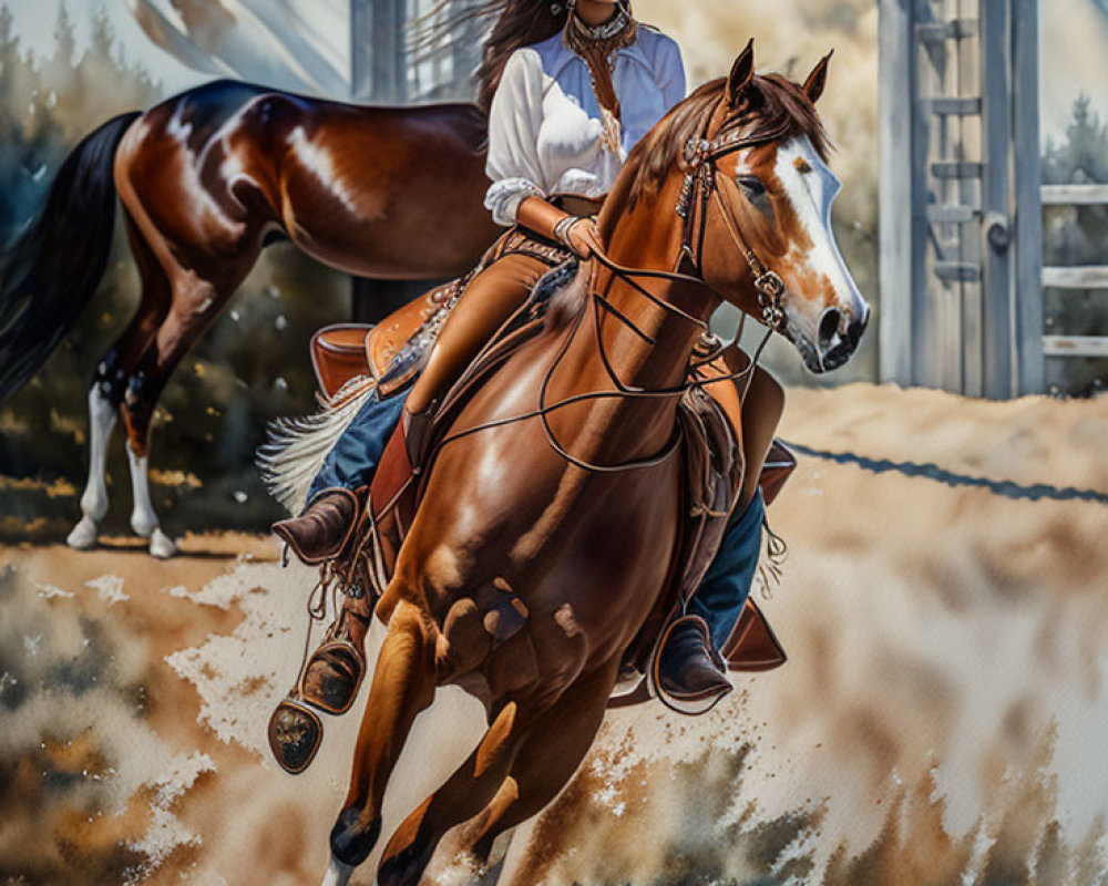 Cowgirl in white hat riding chestnut horse in pastoral scene