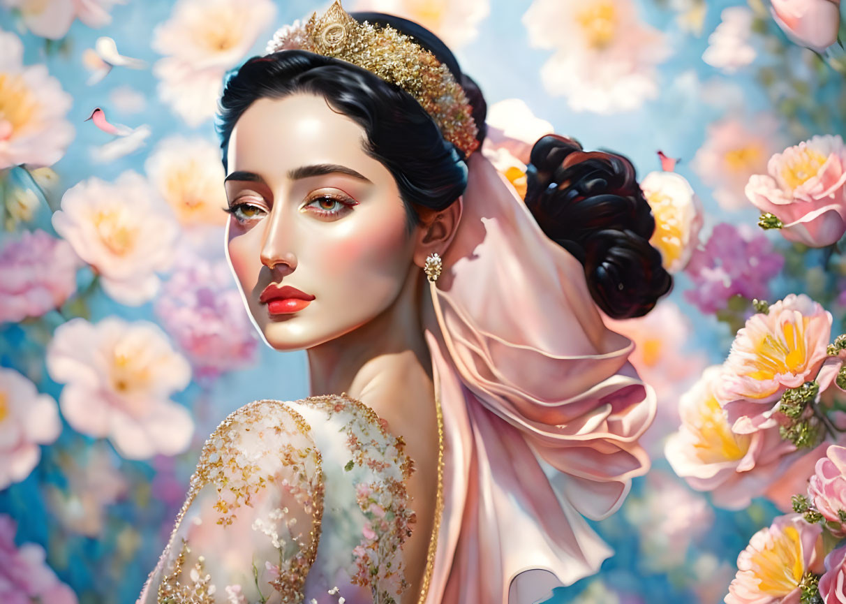 Regal woman with golden tiara and colorful attire among lush flowers