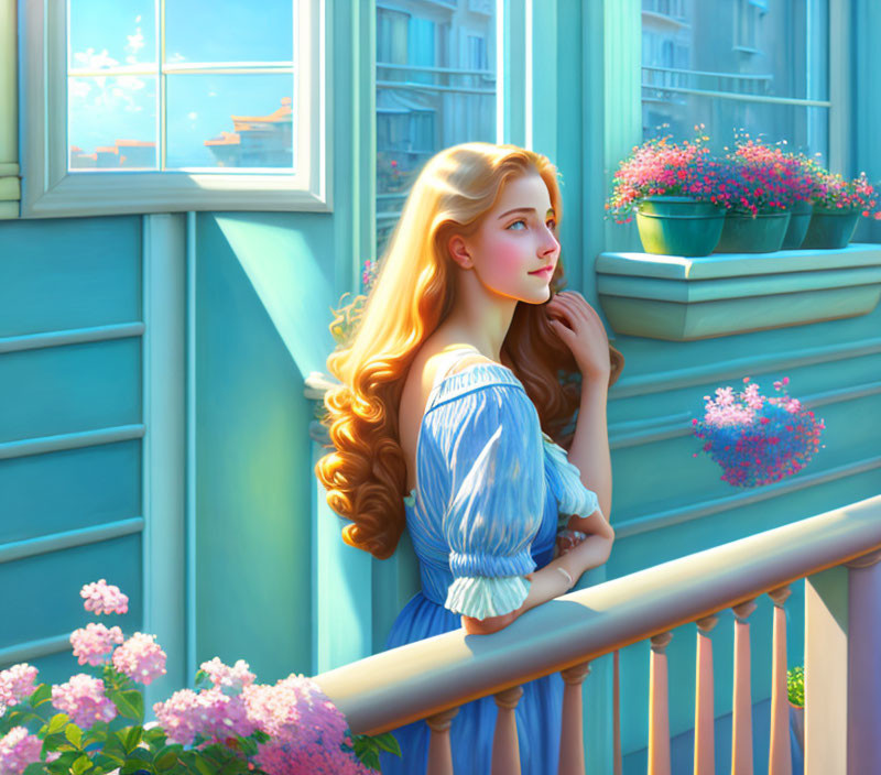 Woman with long, wavy hair on balcony with flowers in serene setting