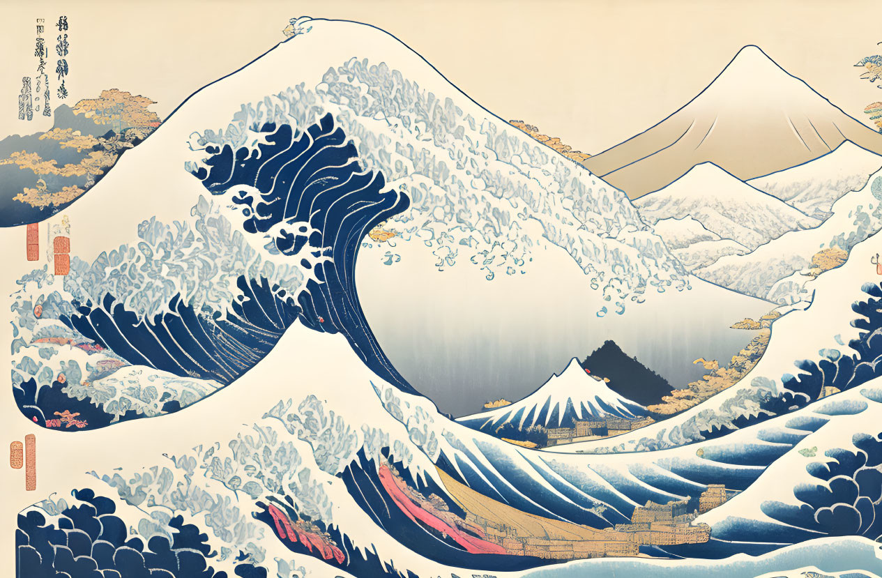 Traditional Japanese Woodblock Print: Large Wave, Mt. Fuji, Boats in Turmoil