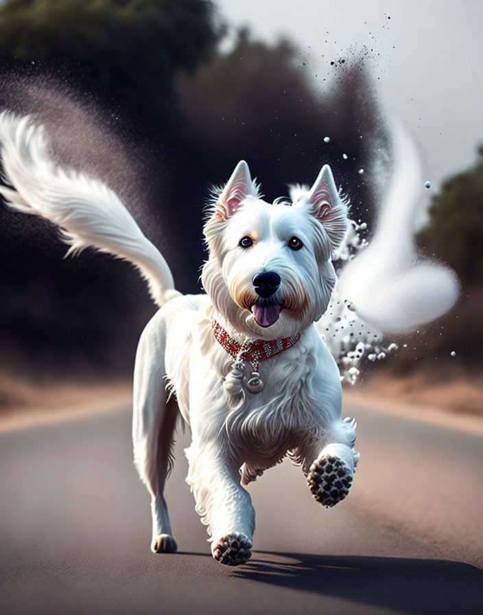 Fluffy white dog running on road with tongue out