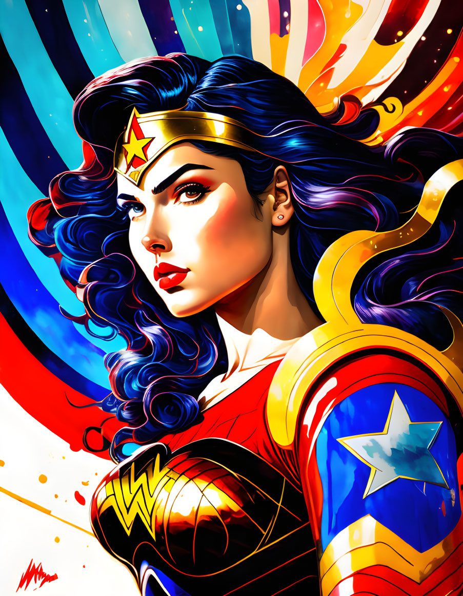 Female superhero illustration with tiara, red & blue costume, star, black hair.