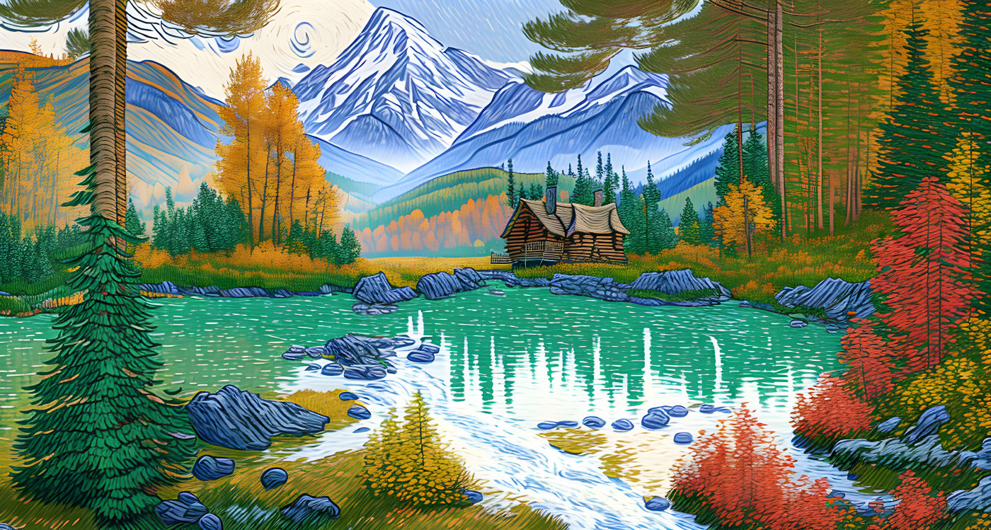 Colorful autumn mountain landscape with cabin by lake & stream