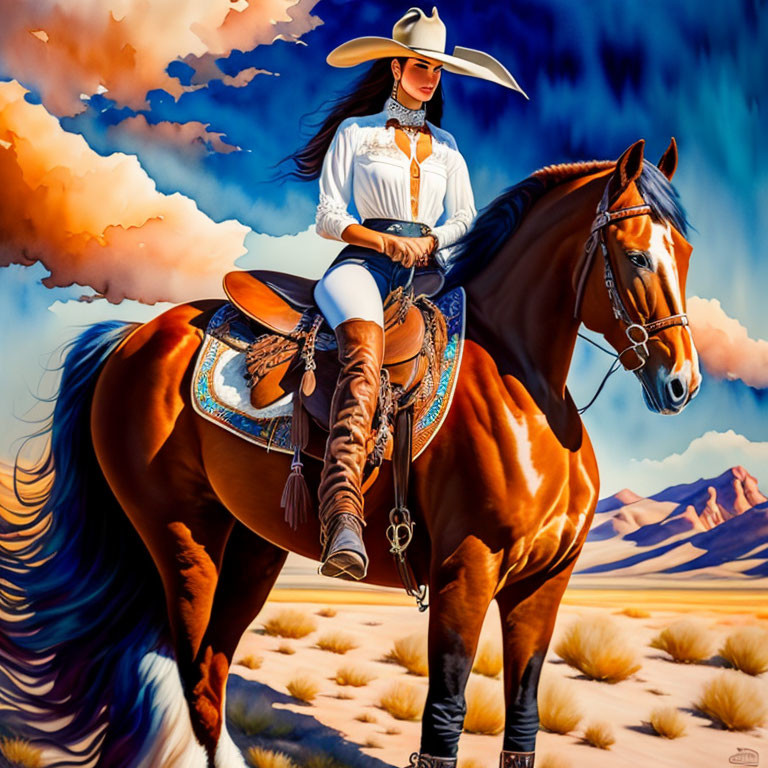 Cowboy hat-wearing woman on horse in desert landscape.