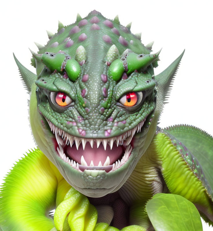 Detailed Illustration of Green Scaly Dragon with Sharp Teeth and Red Eyes