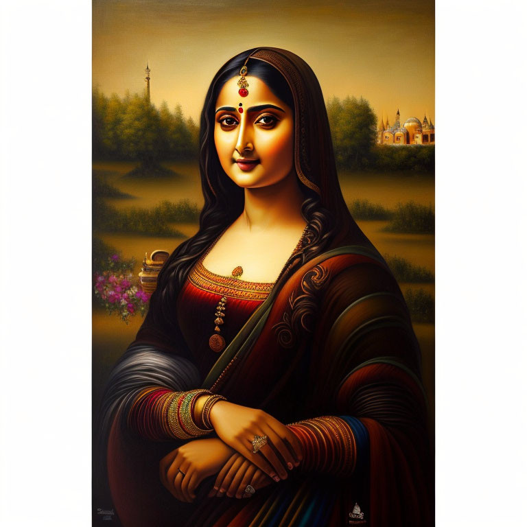 Traditional Indian Woman Portrait with Long Hair and Jewelry in Serene Setting