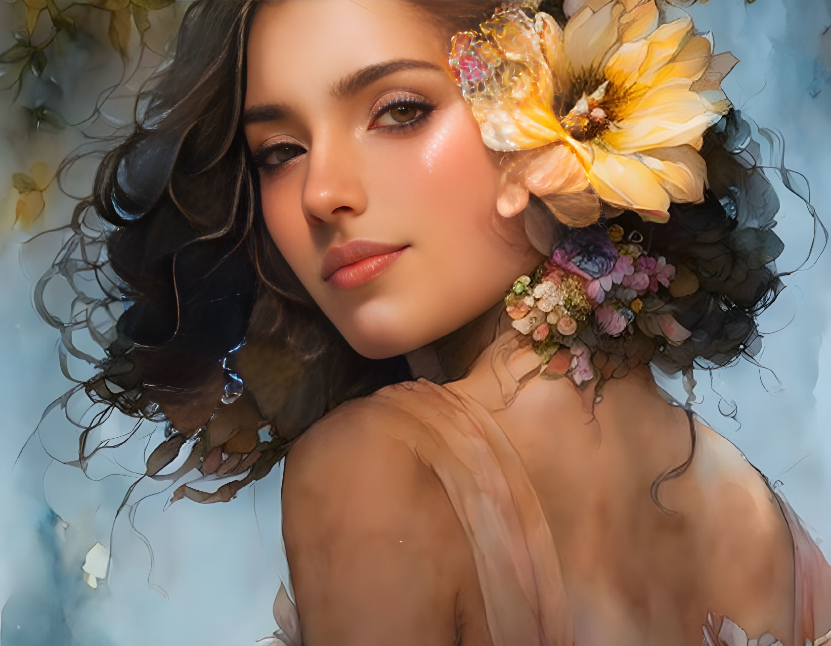 Digital Artwork: Woman with Floral Adornment and Detailed Makeup