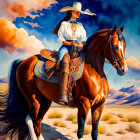 Cowboy hat-wearing woman on horse in desert landscape.