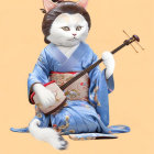 Cat in blue floral kimono playing shamisen on peach background