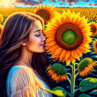 Woman in Yellow Dress Smelling Sunflower in Vibrant Field