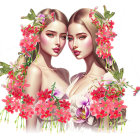 Identical twin girls illustration: expressive eyes, wavy hair, vintage dresses