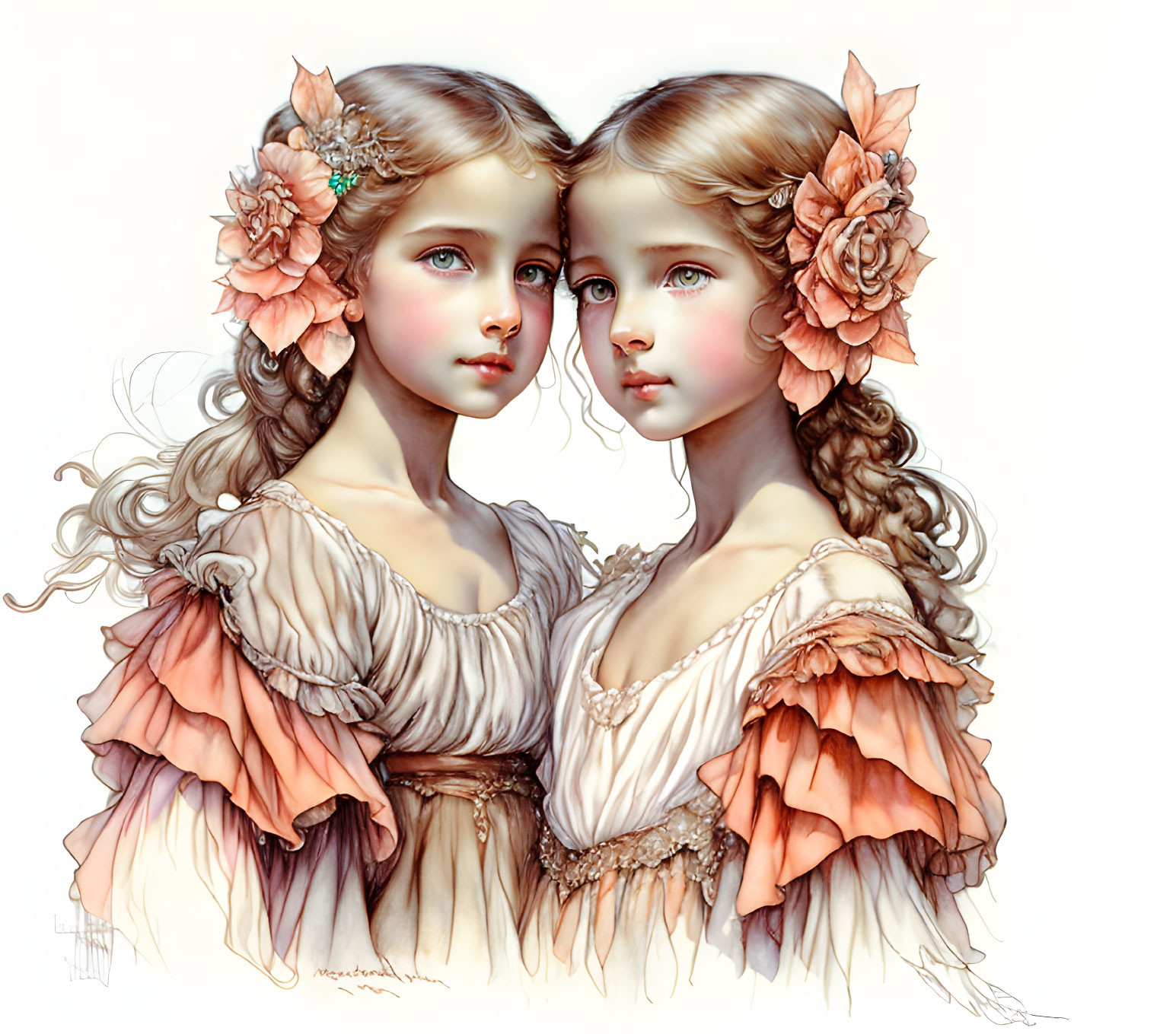 Identical twin girls illustration: expressive eyes, wavy hair, vintage dresses