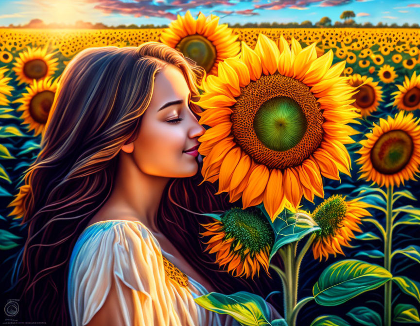 Woman in Yellow Dress Smelling Sunflower in Vibrant Field