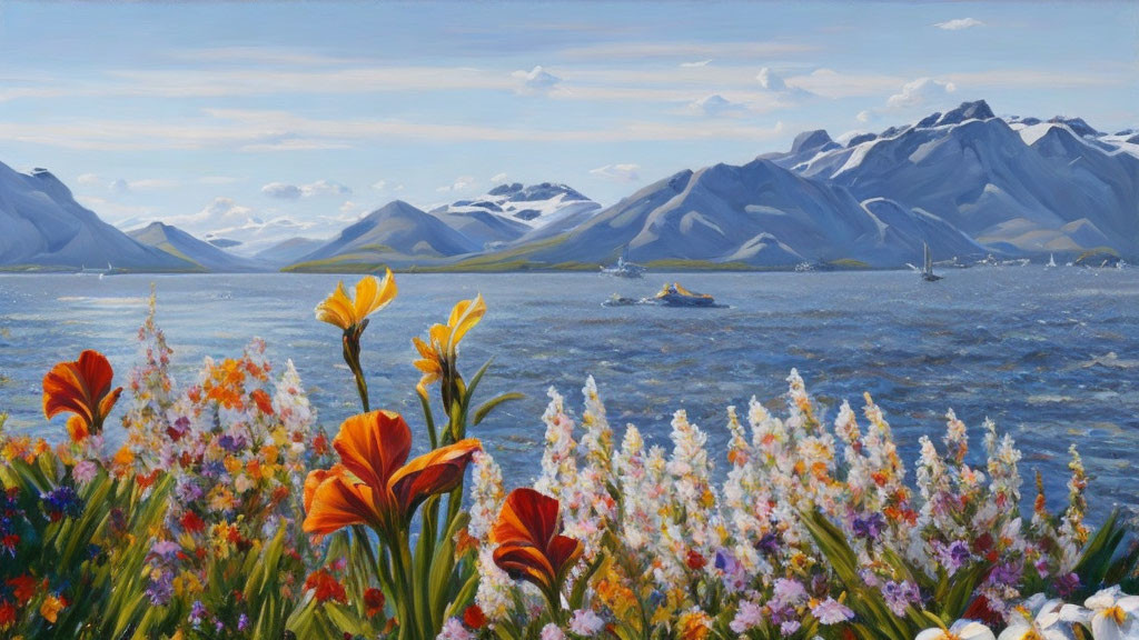 Colorful Flowers, Lake with Boats, Blue Mountains: Tranquil Painting