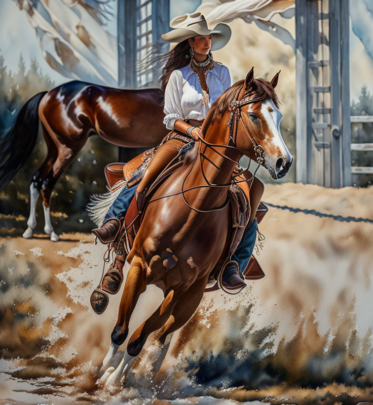 Cowgirl in white hat riding chestnut horse in pastoral scene