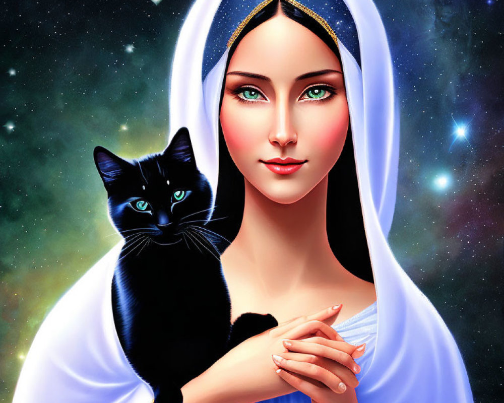 Digital Artwork: Serene Woman Holding Black Cat in Blue Aura