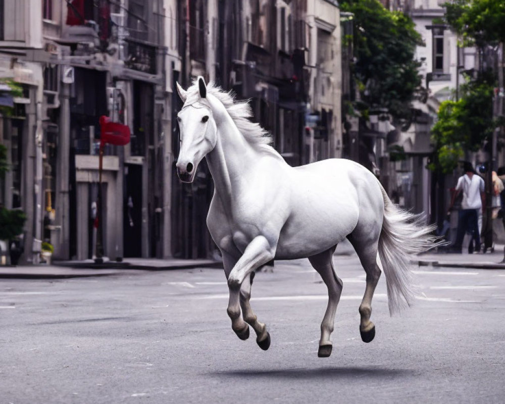 White horse galloping on urban city street among buildings