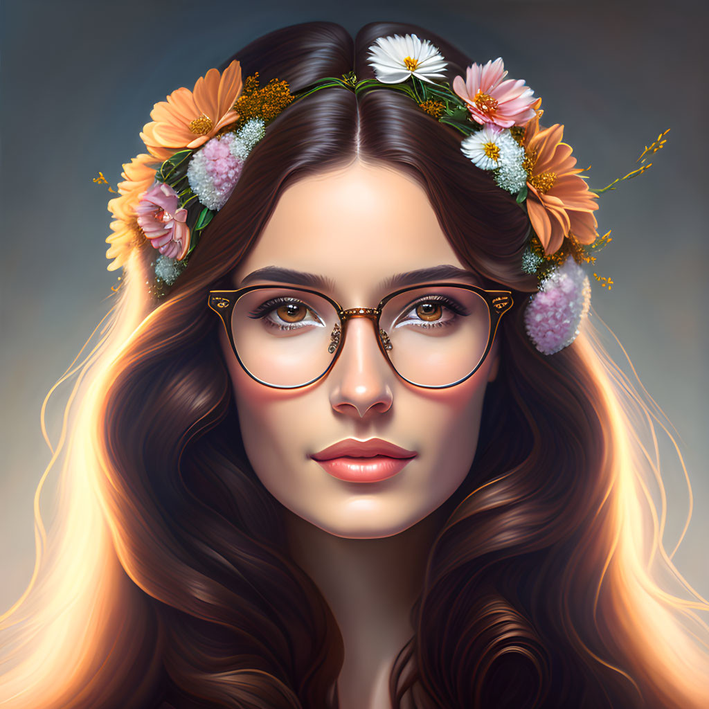 Woman with Long Brown Hair and Glasses in Floral Headband on Soft Background