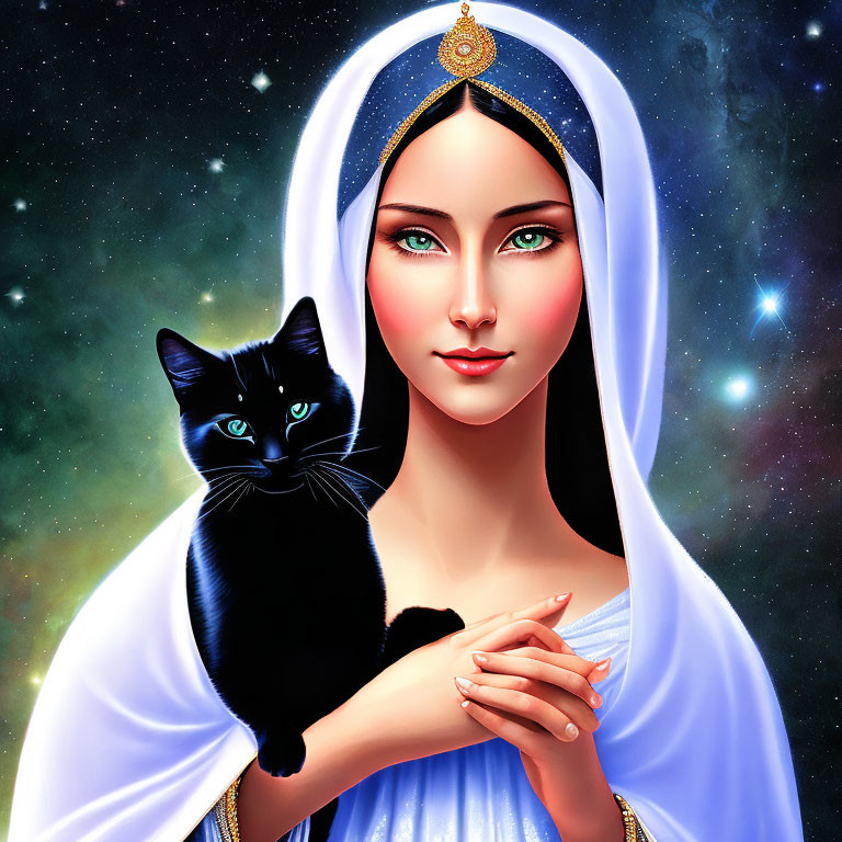 Digital Artwork: Serene Woman Holding Black Cat in Blue Aura