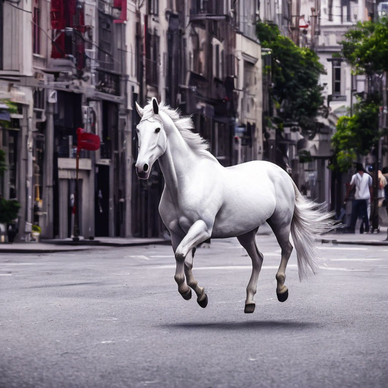 White horse galloping on urban city street among buildings