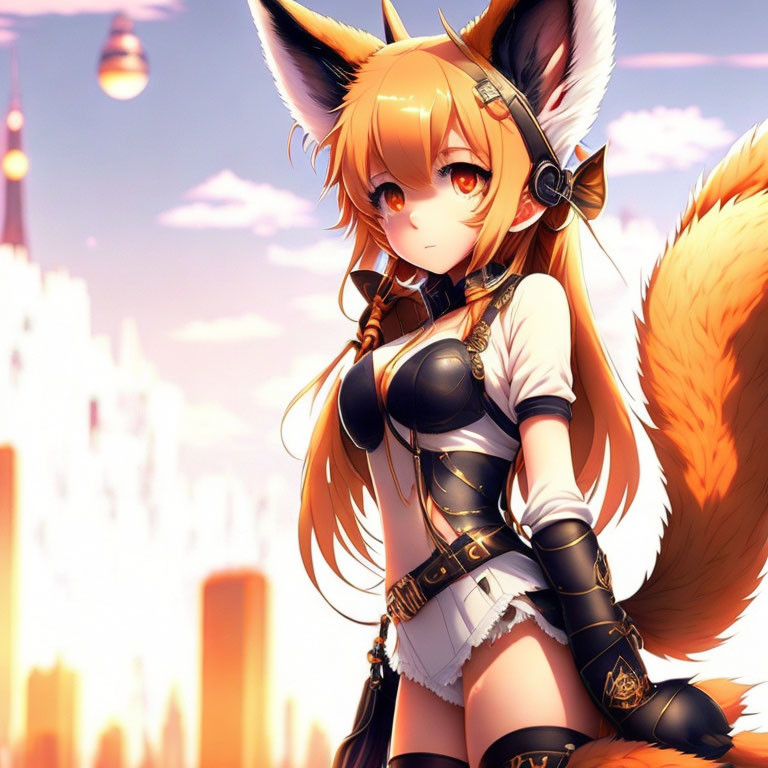 Fox-eared anime character in black and white outfit against cityscape at sunset