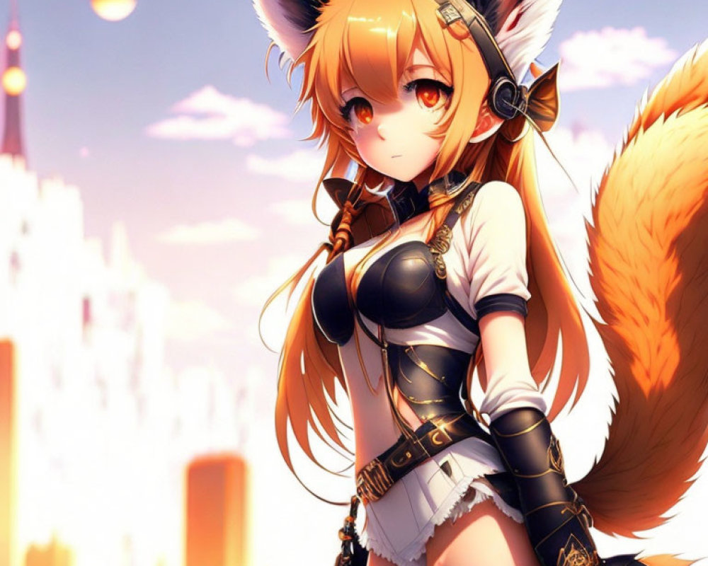 Fox-eared anime character in black and white outfit against cityscape at sunset