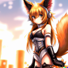 Fox-eared anime character in black and white outfit against cityscape at sunset