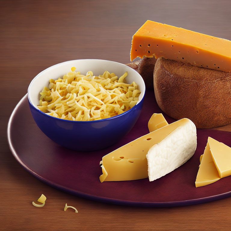 Cheese-themed macaroni dish with assorted cheese slices on wooden table