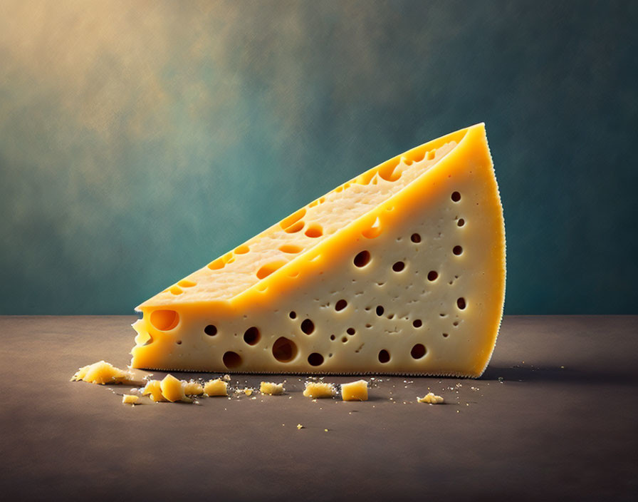 Swiss Cheese Wedge with Holes on Crumb-Covered Surface