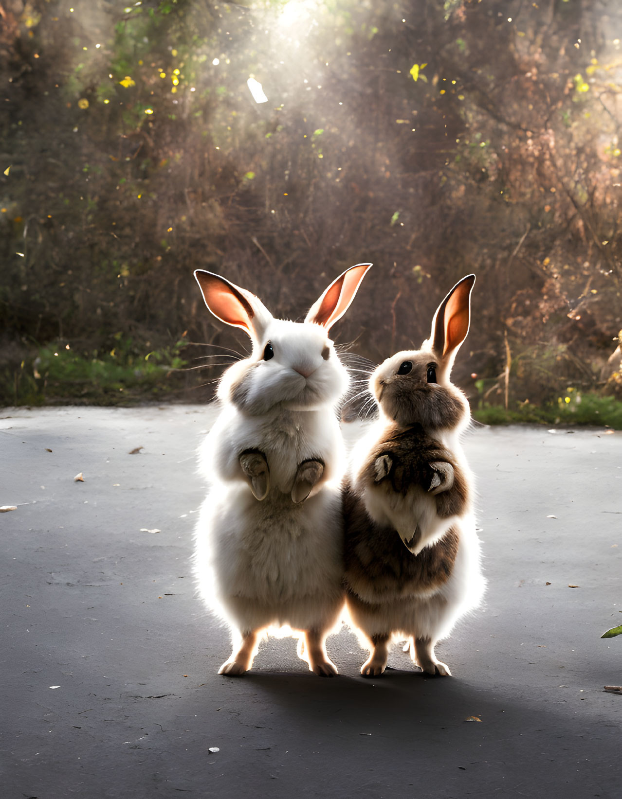 Two upright rabbits on path with sunlight through foliage