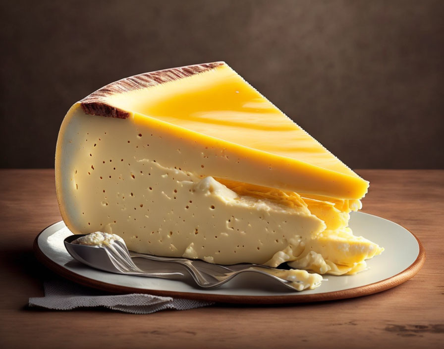 Creamy semi-hard cheese with small holes on a plate with knife on wooden table