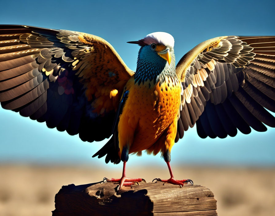 Colorful Bird Perched on Wooden Post Against Blue Sky