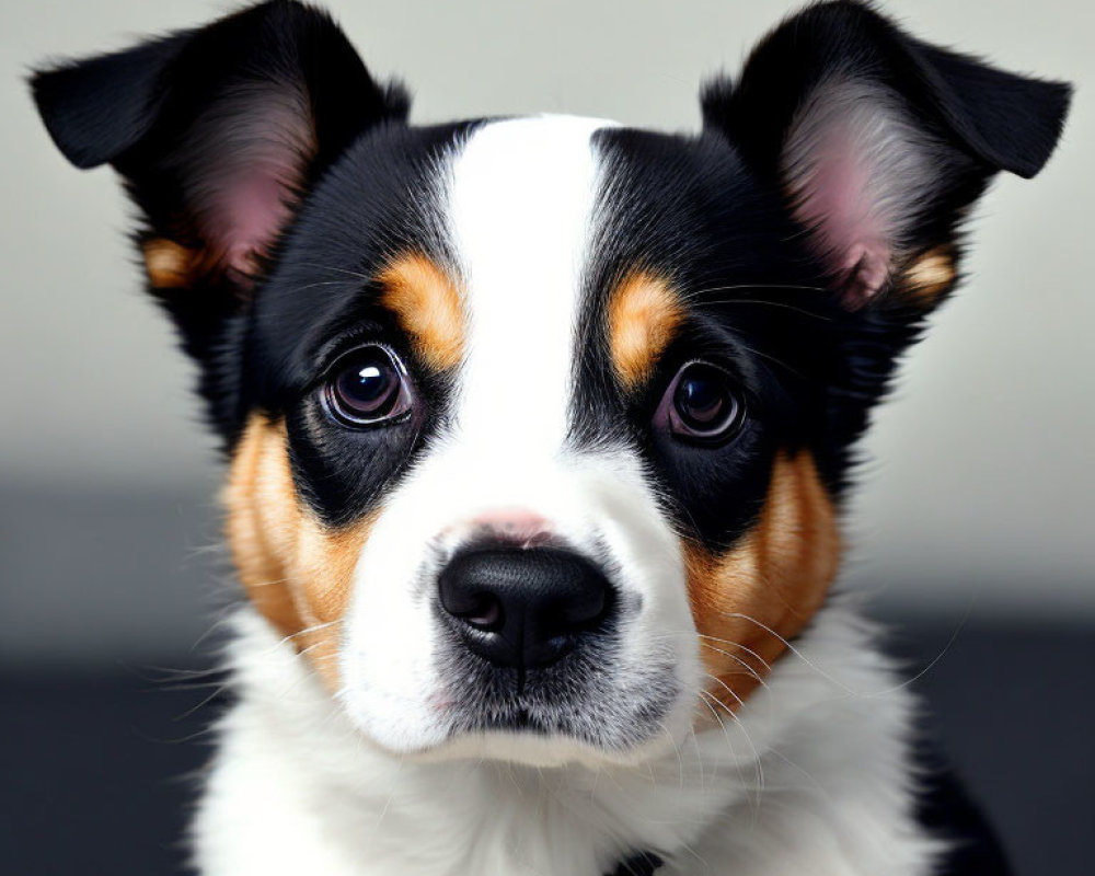 Tricolor Dog with Large Pointed Ears and White Stripe