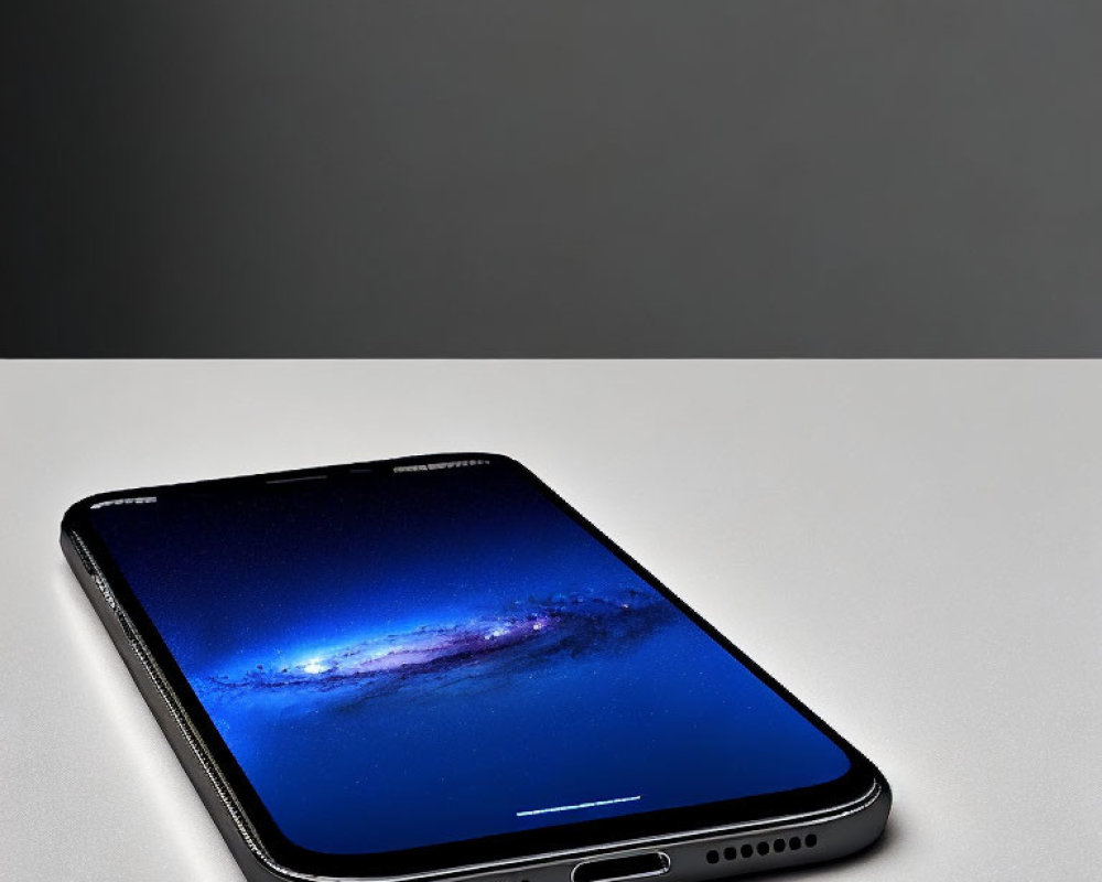 Space-themed wallpaper displayed on smartphone over gradient background.