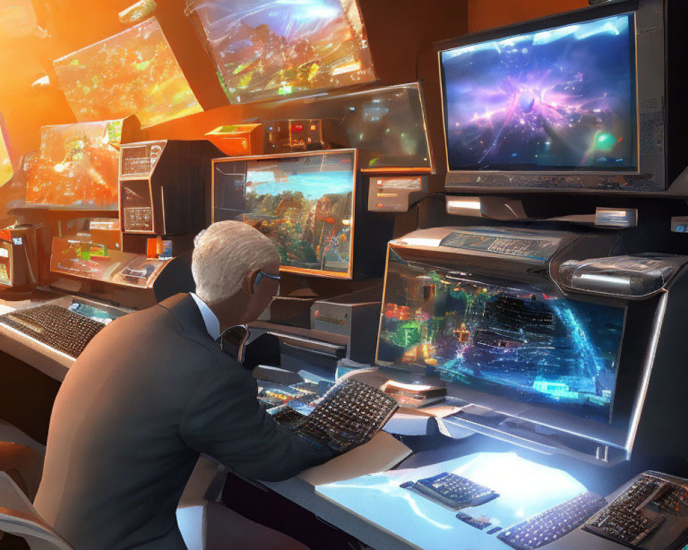 Elderly man using multi-monitor computer setup in dimly lit room