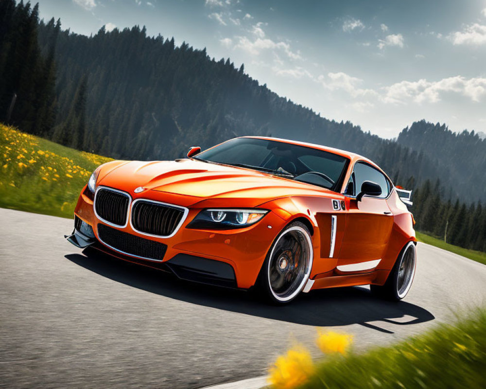 Vibrant orange sports car speeding on road with green trees and clear sky