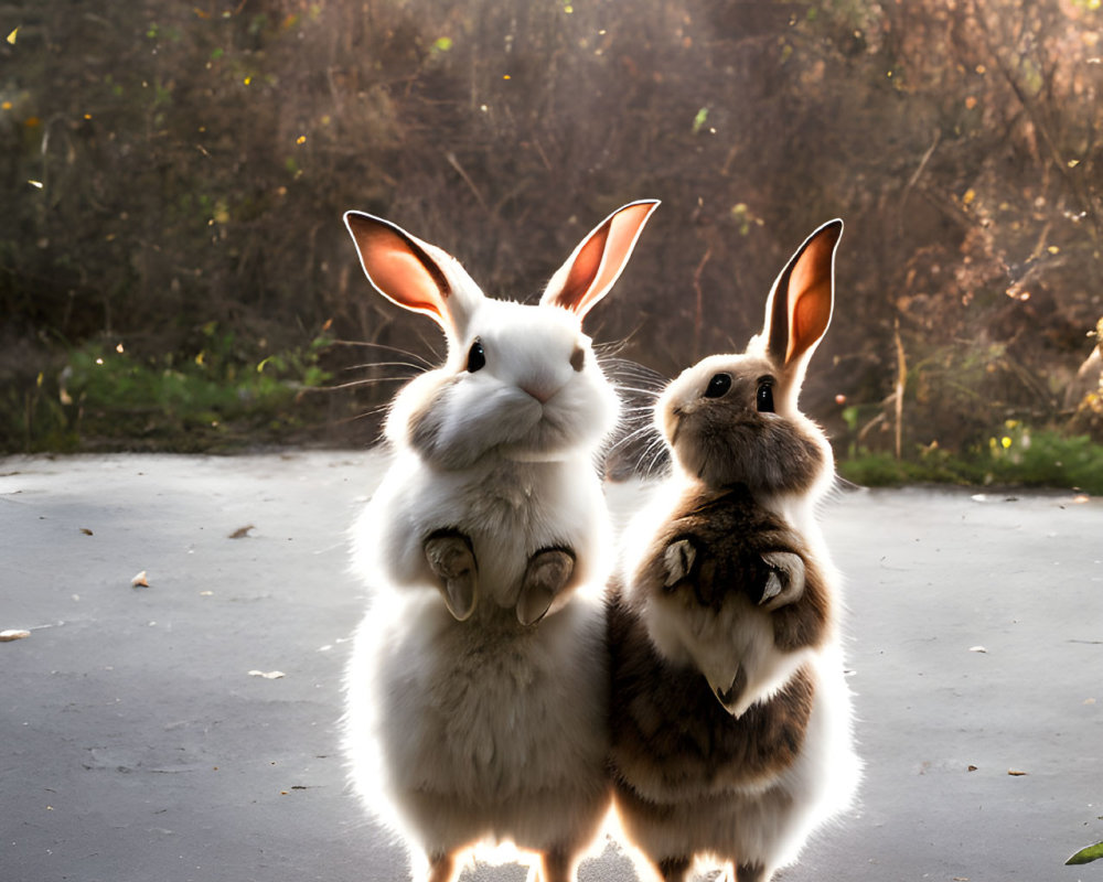 Two upright rabbits on path with sunlight through foliage