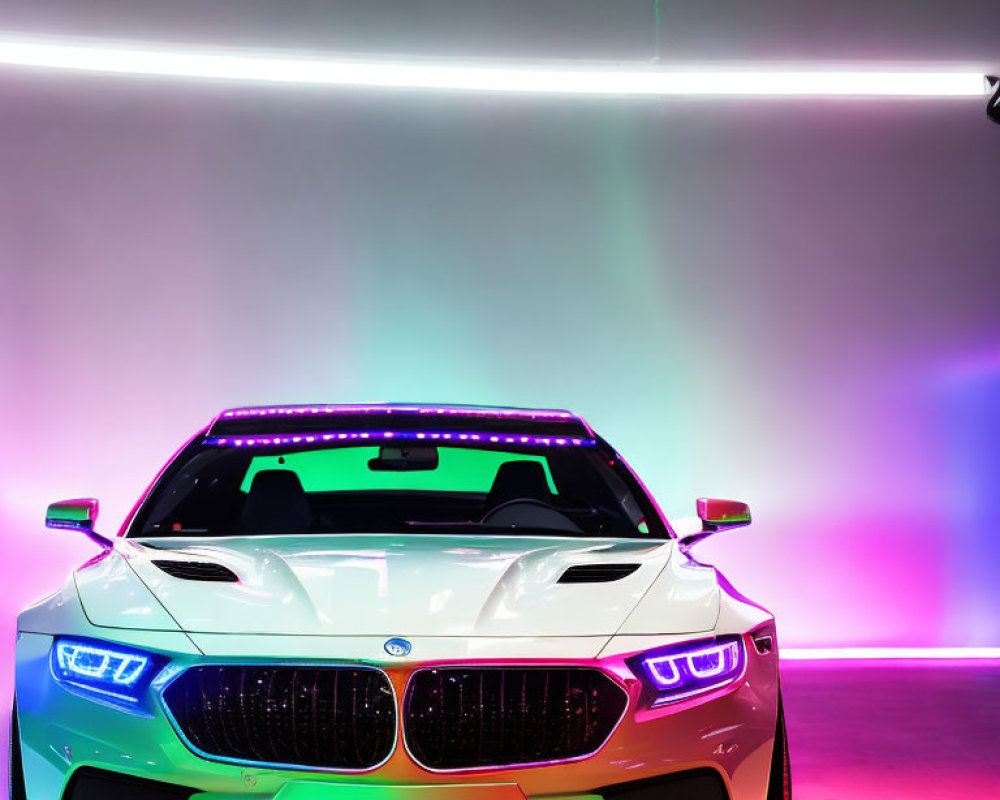 White BMW Car Illuminated by Neon Lights with Colorful Reflections