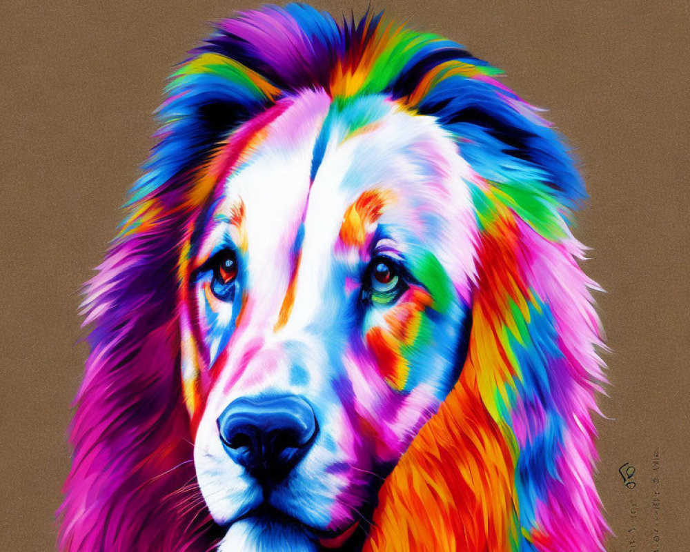 Colorful Lion Artwork with Rainbow Mane on Brown Background