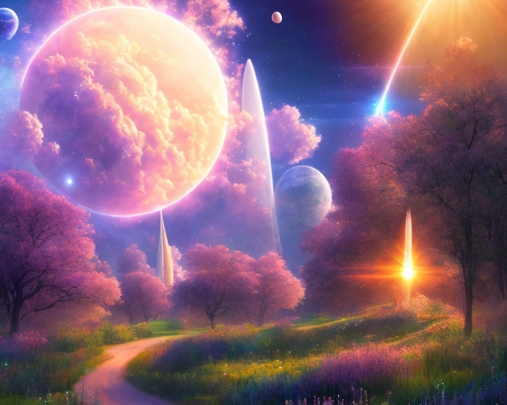 Colorful fantasy landscape with pink pathway, blooming trees, and celestial bodies under bright sunbeam