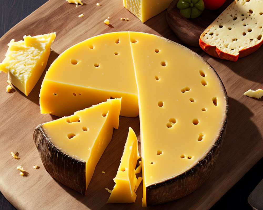 Swiss Cheese Wheel with Triangular Slices on Cutting Board and Cheese Crumbs