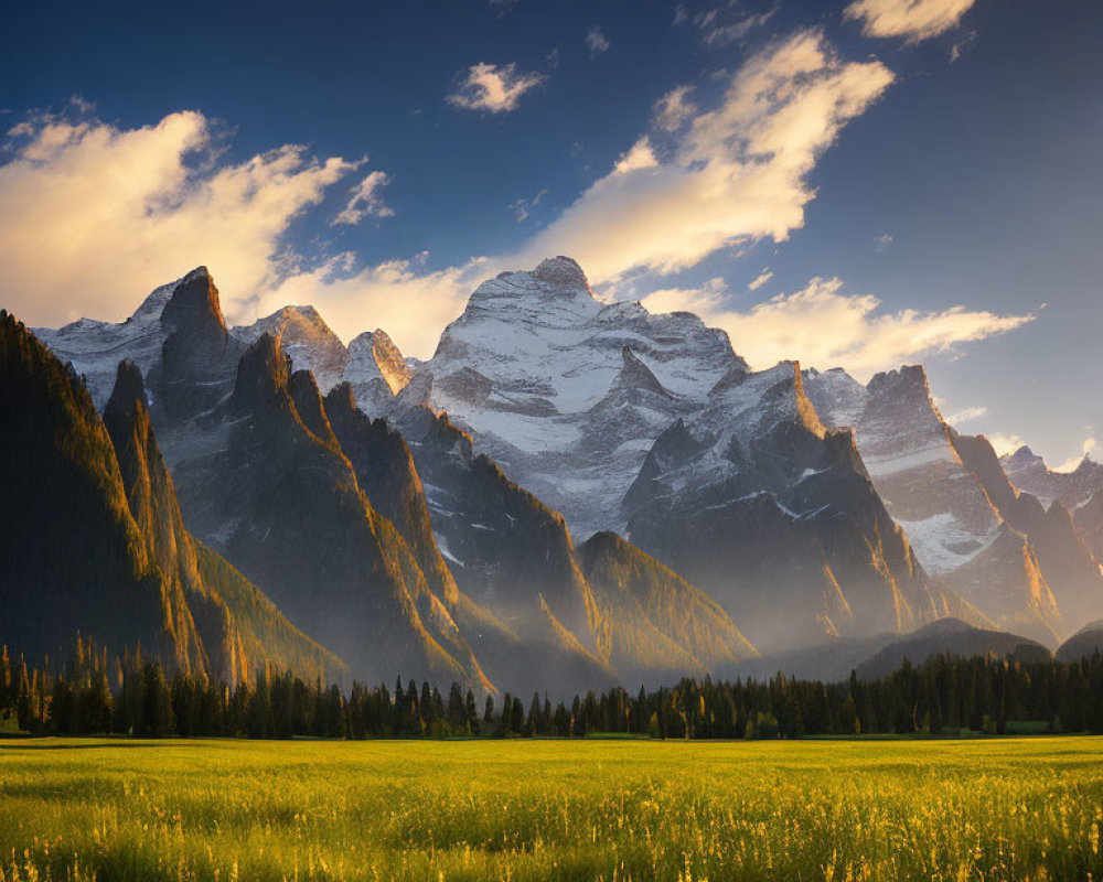 Scenic sunset view of majestic mountain range and green meadow