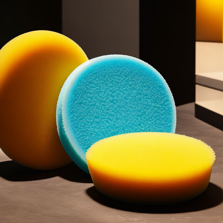 Vibrant yellow and blue sponges on dark surface